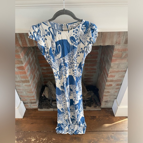 Reformation Gavin Dress in Avian Print Blue White Midi High Slit Open Back sz 4 - Picture 4 of 11